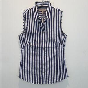 Banana Republic Navy and White Striped Sleeveless Button-Down Shirt